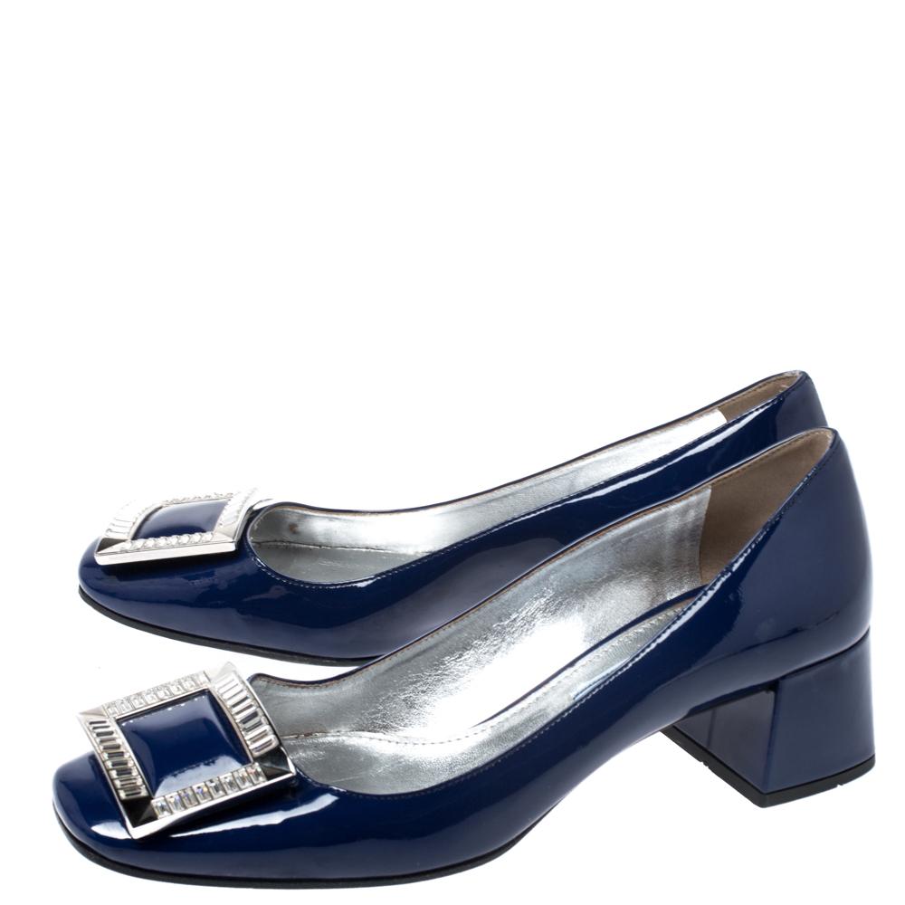 Women's Prada Blue Patent Leather Crystal Buckle Block Heel Pumps Size 37