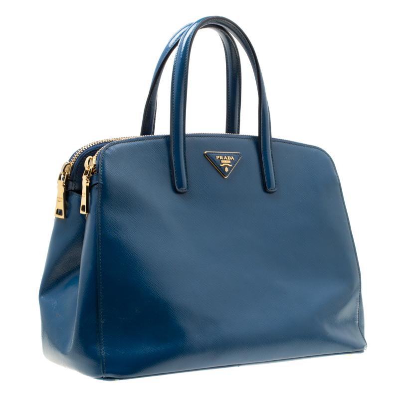 Women's Prada Blue Patent Leather Double Zip Top Handle Bag