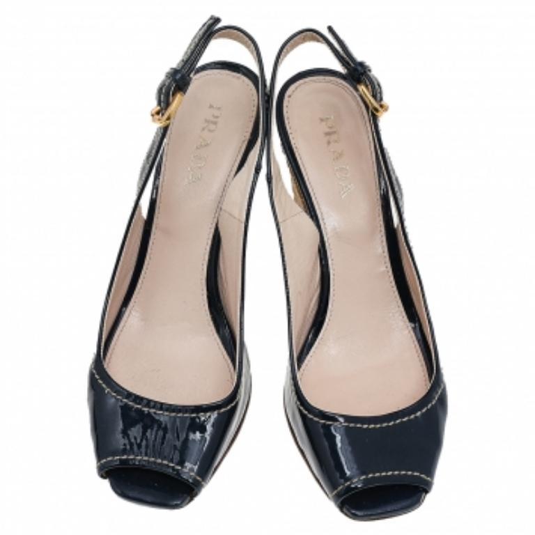 Brown Prada Blue Patent Leather Peep Toe Wedges Espadrilles Slingback Sandals Size 36