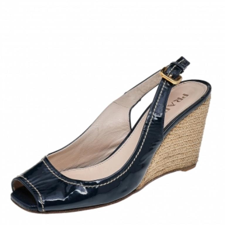 Women's Prada Blue Patent Leather Peep Toe Wedges Espadrilles Slingback Sandals Size 36