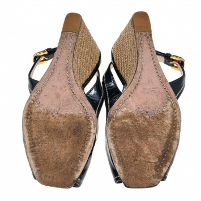 Prada Blue Patent Leather Peep Toe Wedges Espadrilles Slingback Sandals Size 36 2