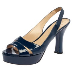 Prada Blue Patent Leather Platform Slingback Sandals Size 40
