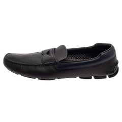 Prada Blue Perforated Leather Slip On Loafers Size 45.5