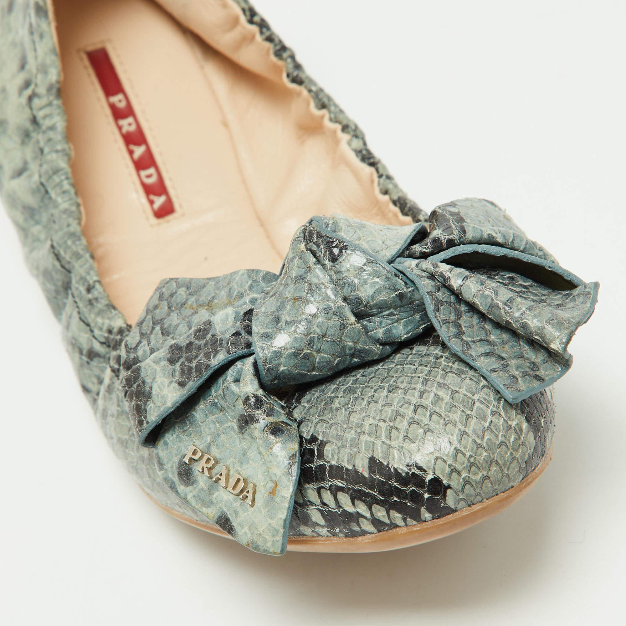 Gray Prada Blue Python Embossed Leather Scrunch Bow Ballet Flats For Sale