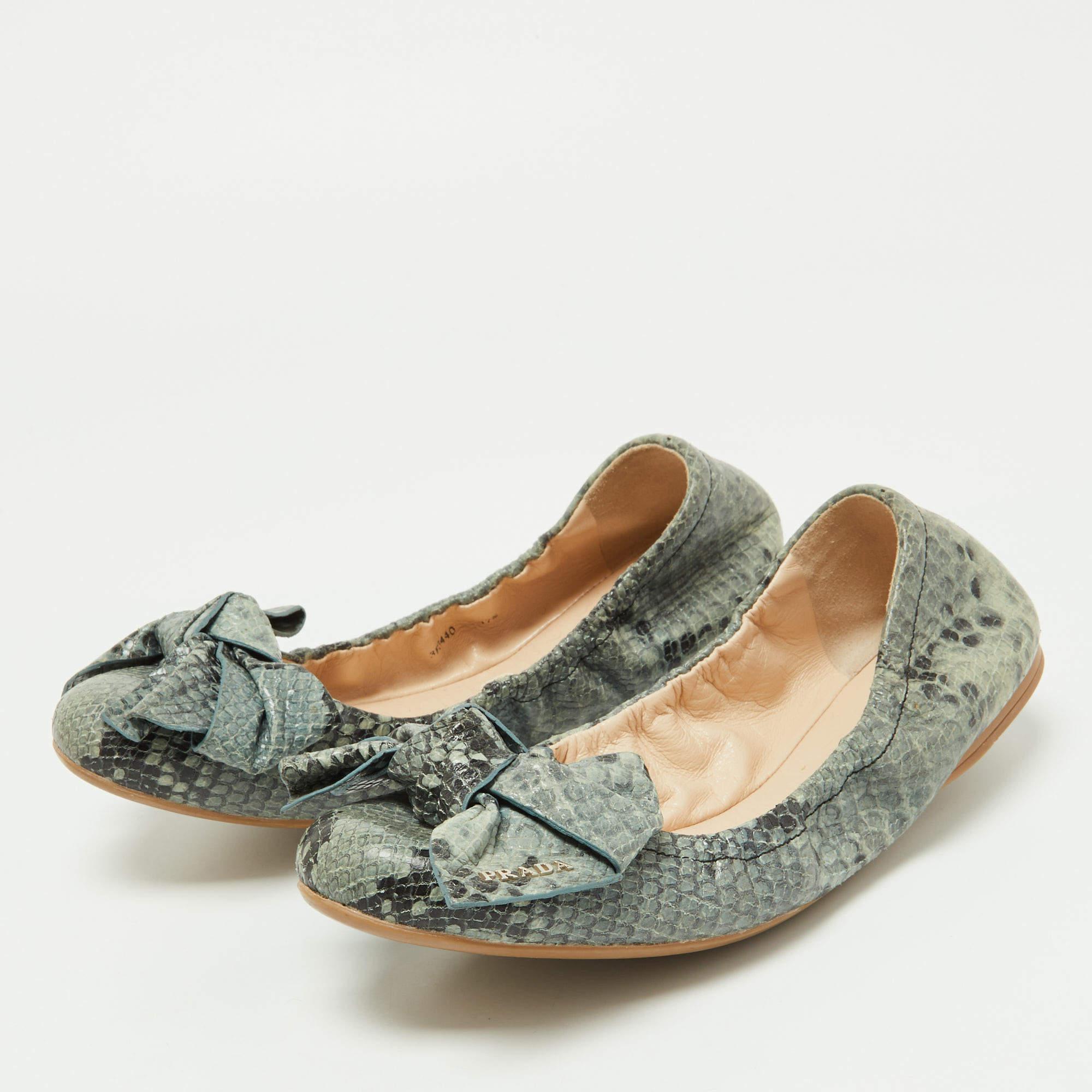 Prada Blue Python Embossed Leather Scrunch Bow Ballet Flats For Sale 1