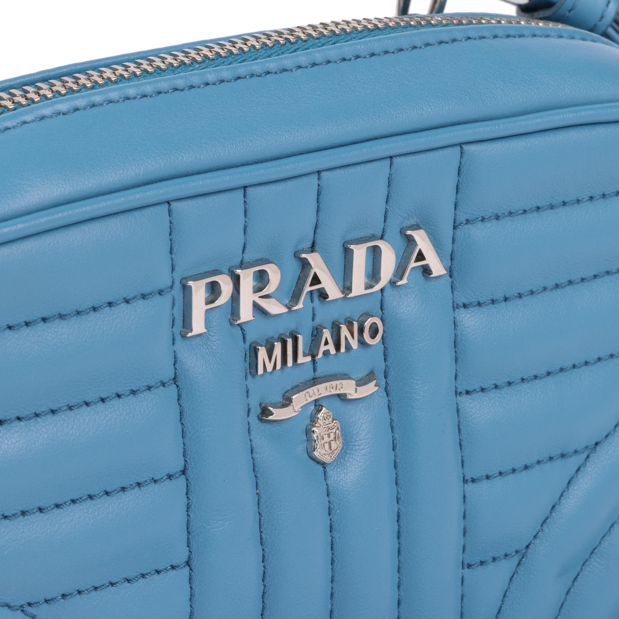 Women's PRADA Blue Quilted Calfskin Leather Diagramme Camera Bag