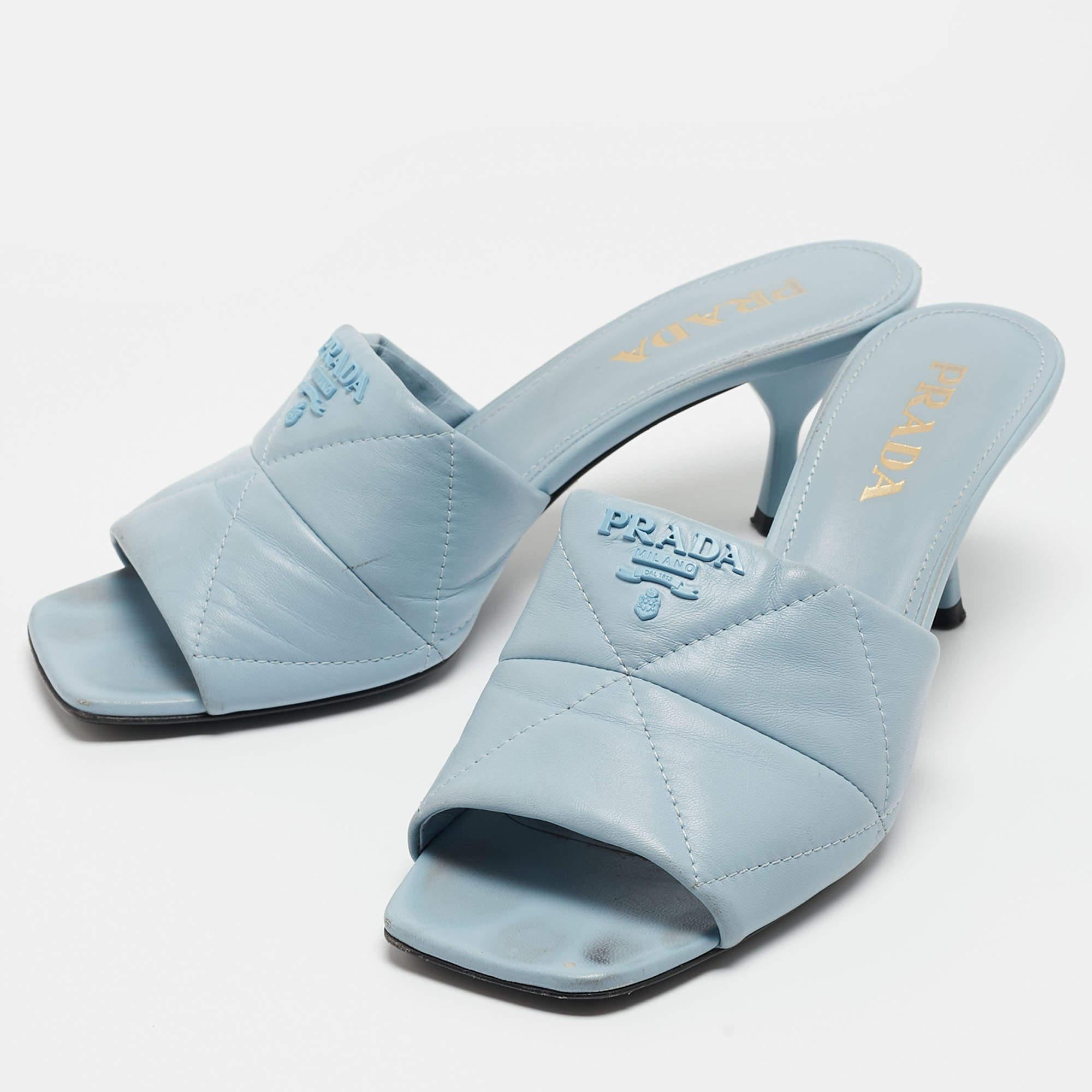 Women's Prada Blue Quilted Leather Logo Slide Sandals Size 38.5 For Sale