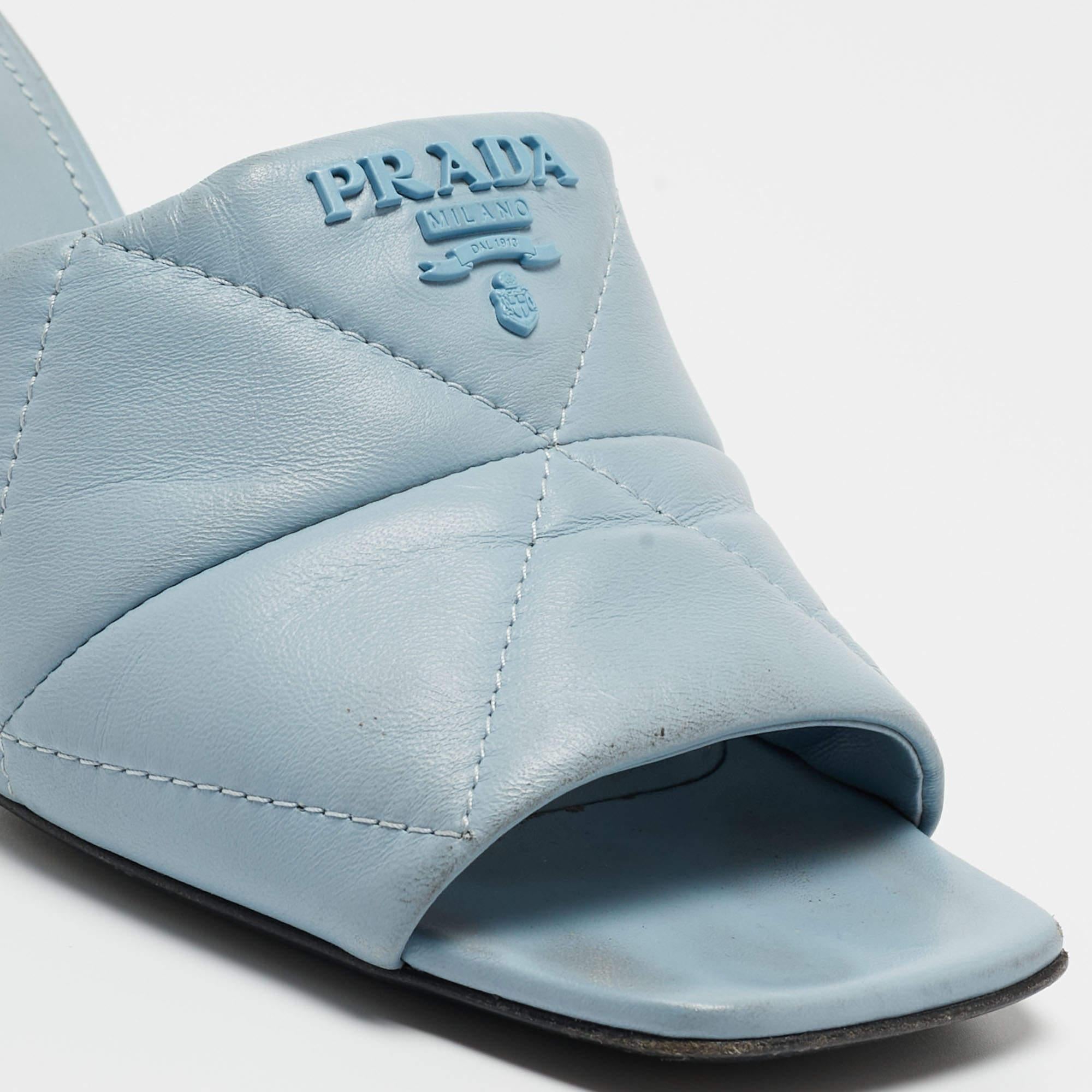 Prada Blue Quilted Leather Logo Slide Sandals Size 38.5 For Sale 4