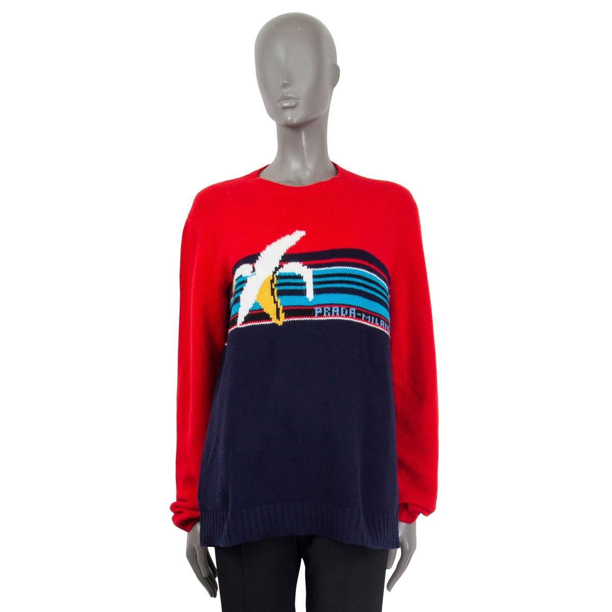100% authentic Prada oversized striped virgin wool knit sweater in red, navy and turquoise with yellow and off-white banana motif. Has been worn and is in excellent condition. 

Fall/winter 2018 collection.

Measurements
Tag Size	44
Size	L
Shoulder