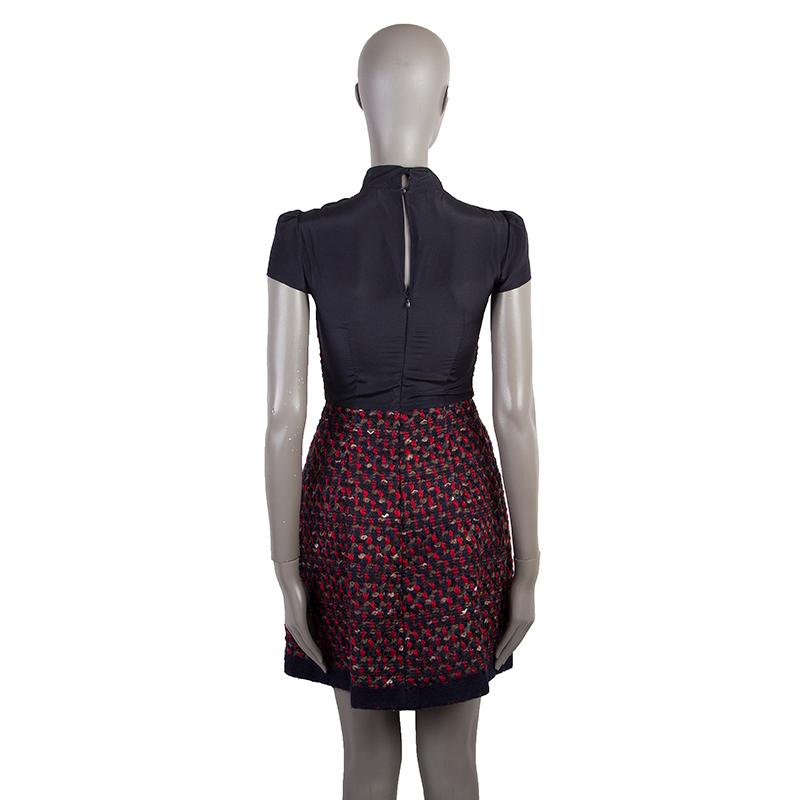 Black PRADA blue & red wool TWEED PUSSY BOW Dress 38