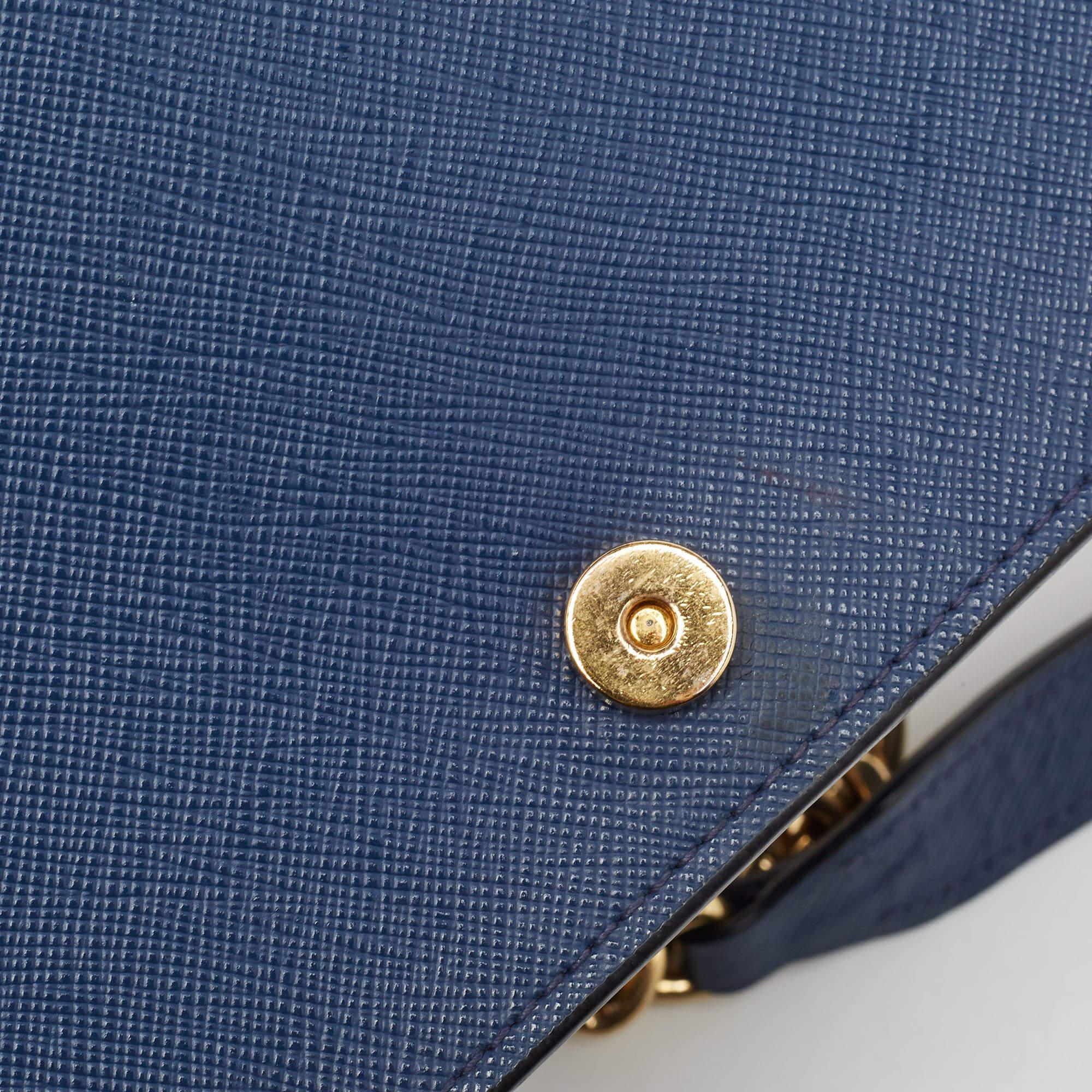 Prada Blue Saffiano and Soft Leather Chain Flap Shoulder Bag 6