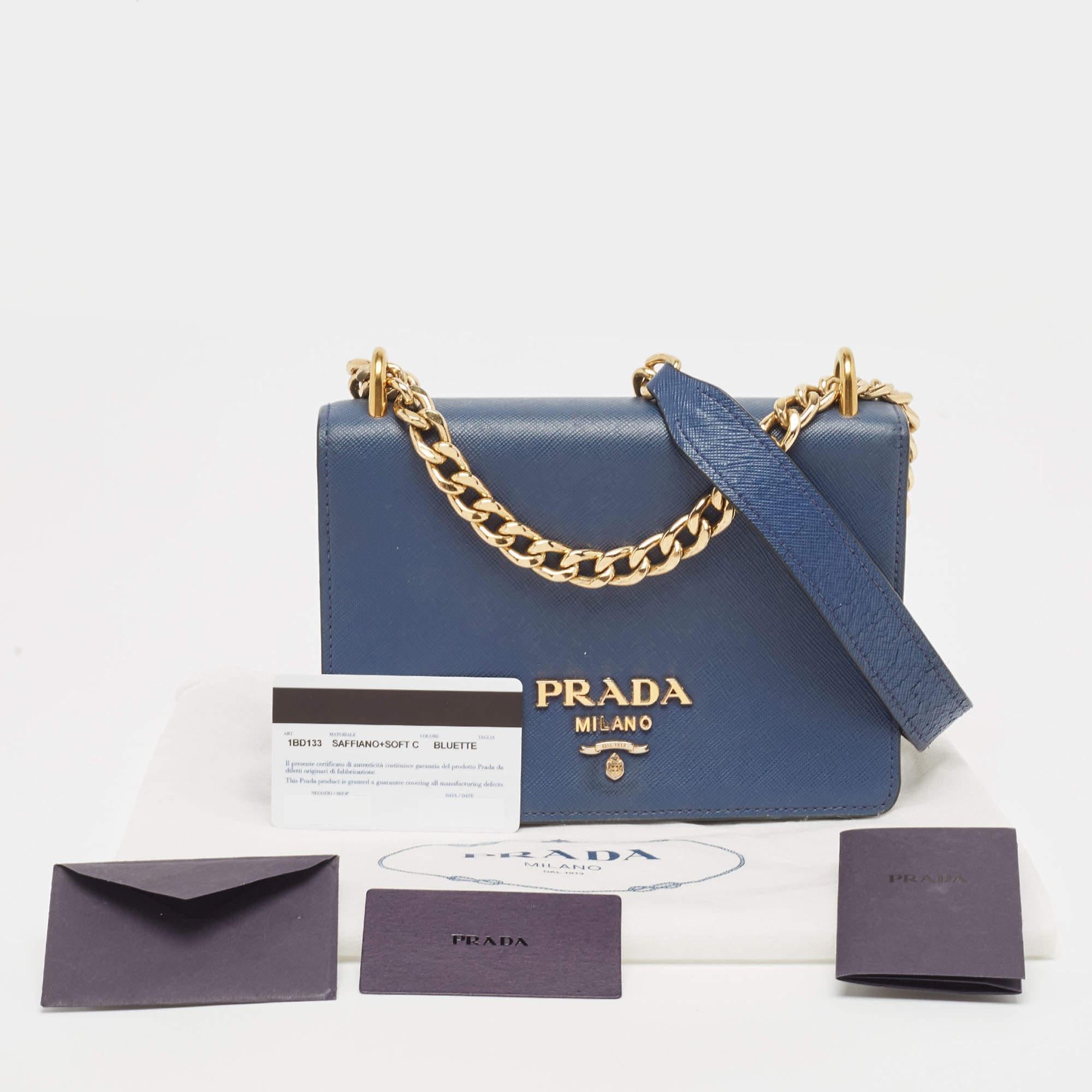 Prada Blue Saffiano and Soft Leather Chain Flap Shoulder Bag 10