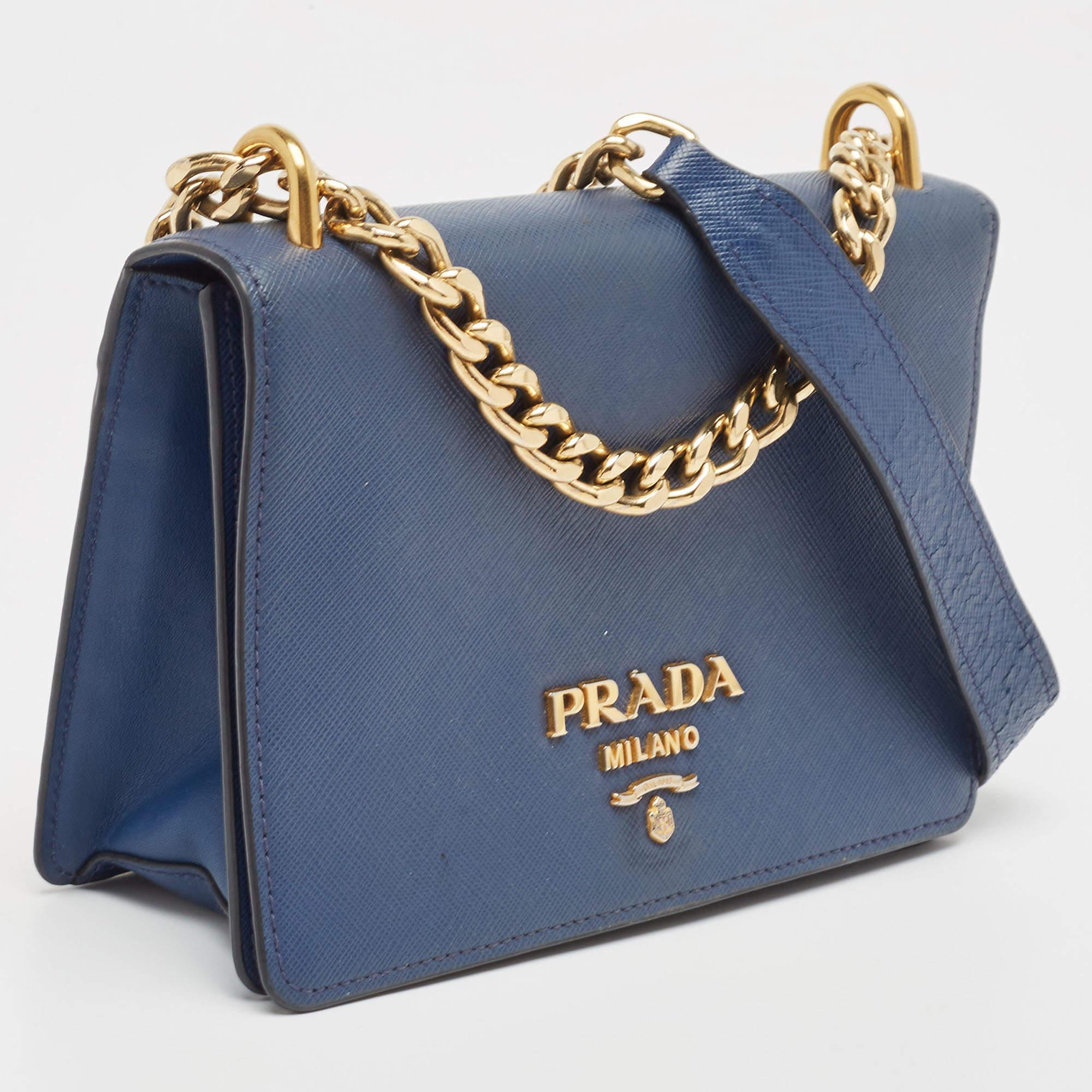 Women's Prada Blue Saffiano and Soft Leather Chain Flap Shoulder Bag