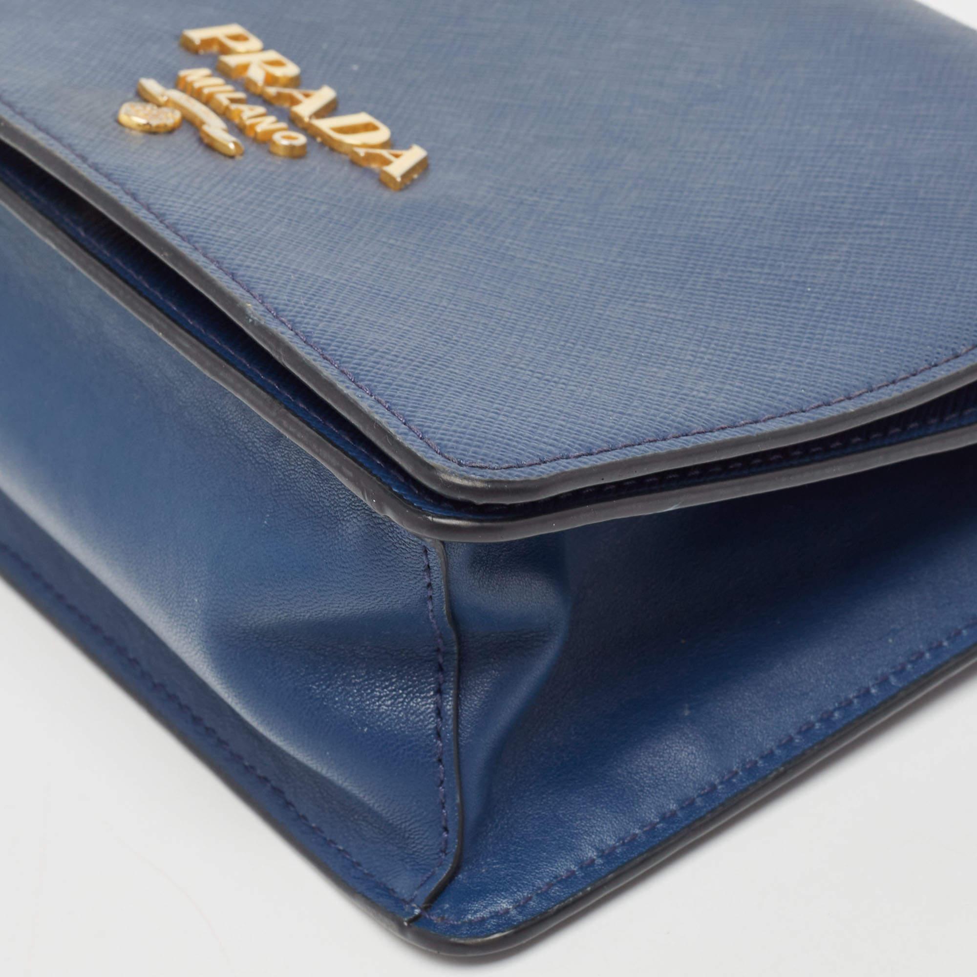 Prada Blue Saffiano and Soft Leather Chain Flap Shoulder Bag 1