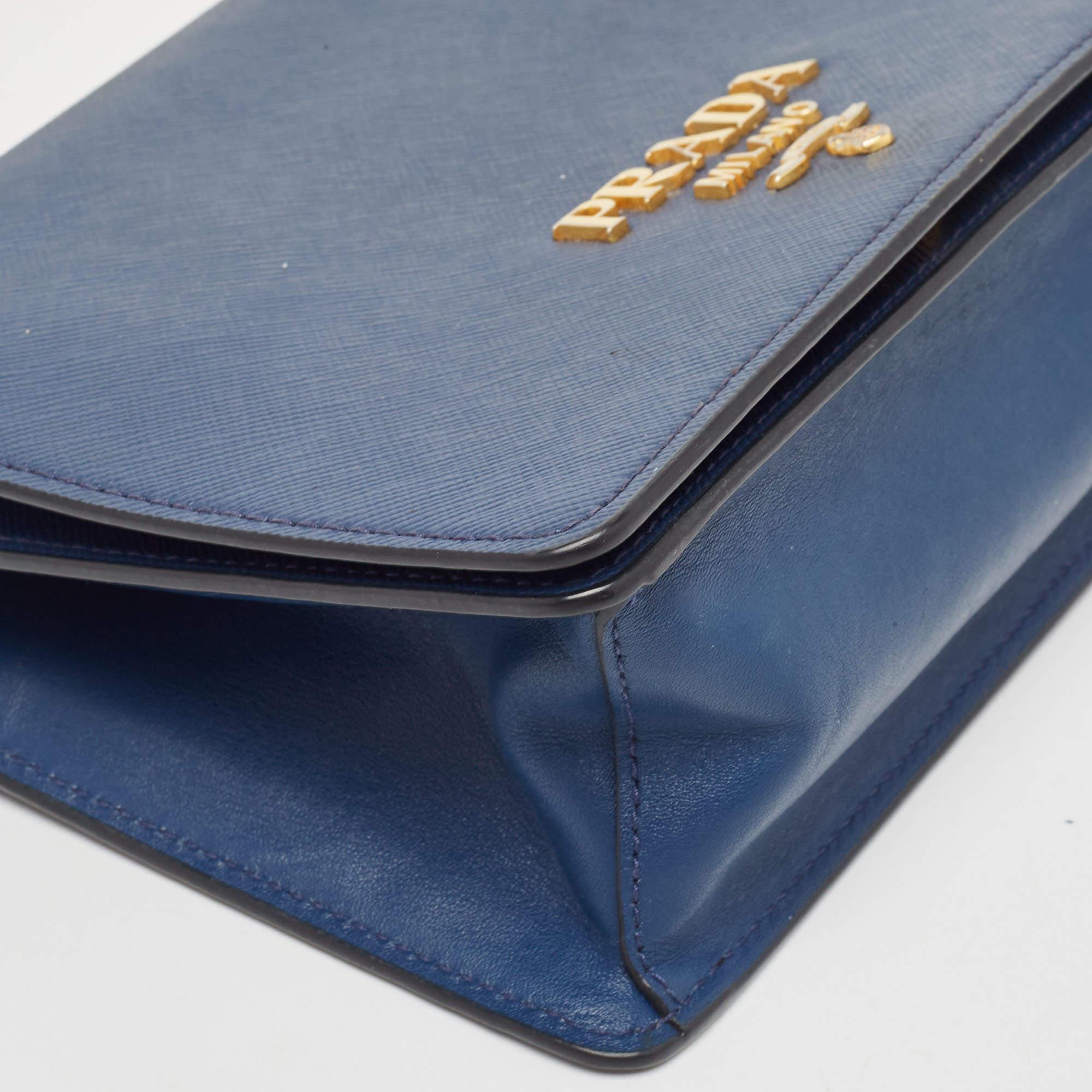 Prada Blue Saffiano and Soft Leather Chain Flap Shoulder Bag 2