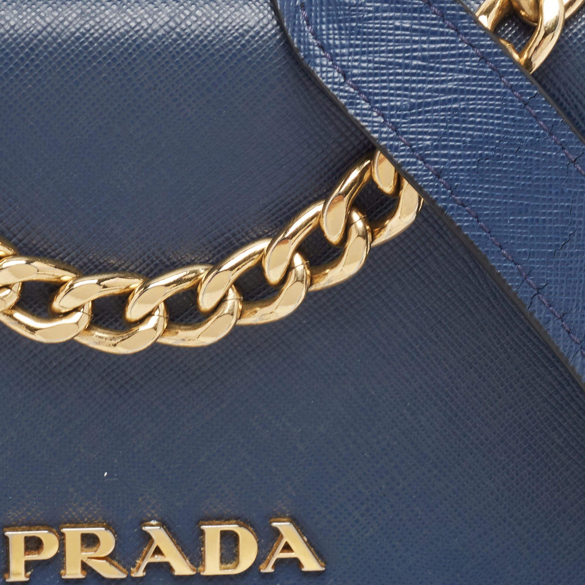 Prada Blue Saffiano and Soft Leather Chain Flap Shoulder Bag 4