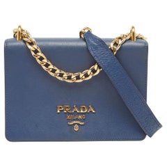 Prada Blue Saffiano and Soft Leather Chain Flap Shoulder Bag