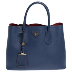 Prada Blue Saffiano Cuir Leather Double Handle Tote