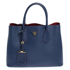 Prada Blue Saffiano Cuir Leather Double Handle Tote