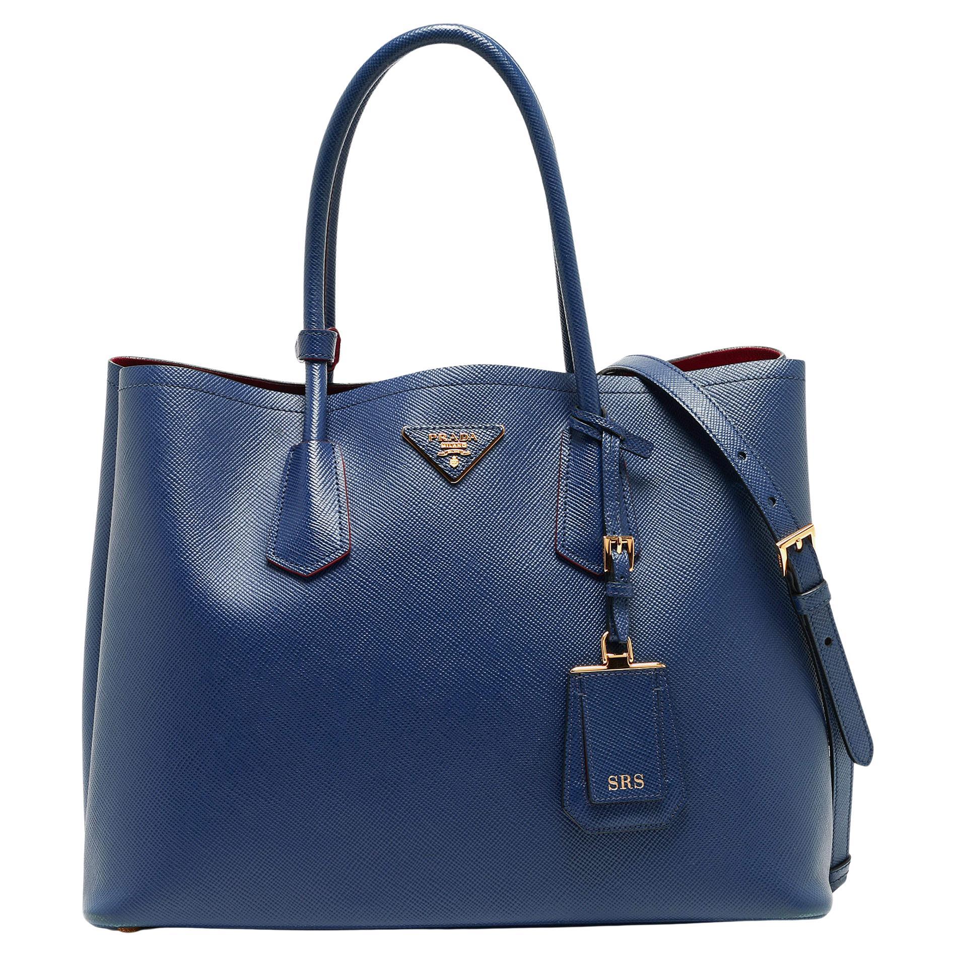 Prada Blue Saffiano Cuir Leather Large Double Handle Tote