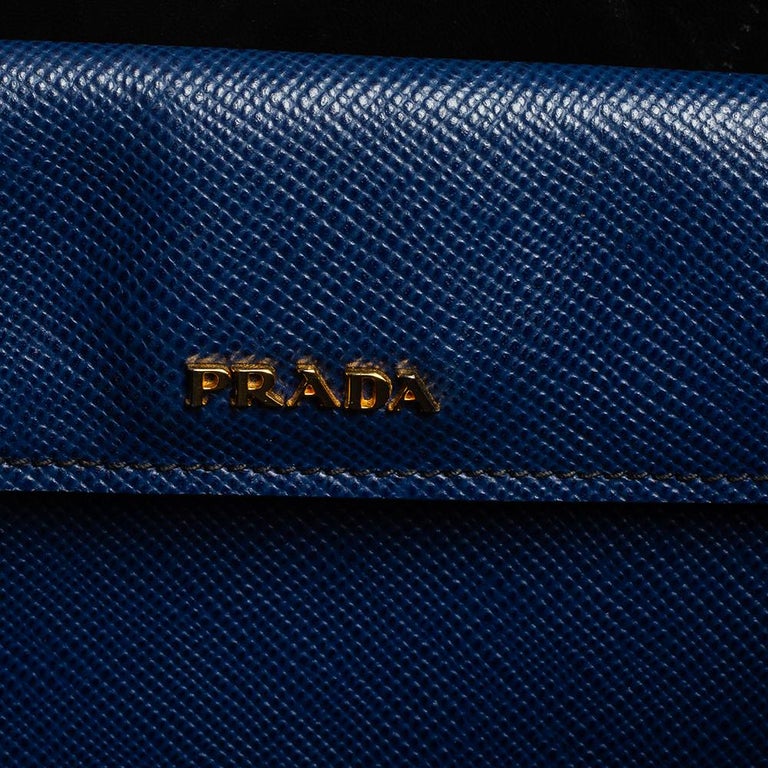Prada Blue Saffiano Cuir Leather Medium Double Handle Tote at 1stDibs