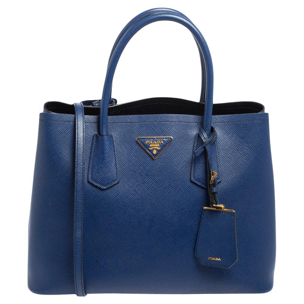 Prada Blue Saffiano Cuir Leather Medium Double Handle Tote at 1stDibs |  dark blue prada bag, navy prada bag, prada dark blue bag