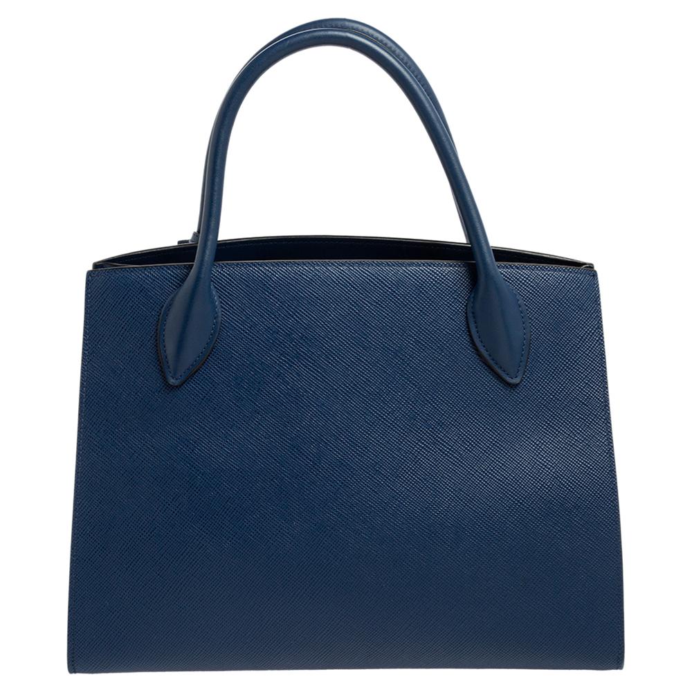 Prada Blue Saffiano Cuir Leather Monochrome Tote 4