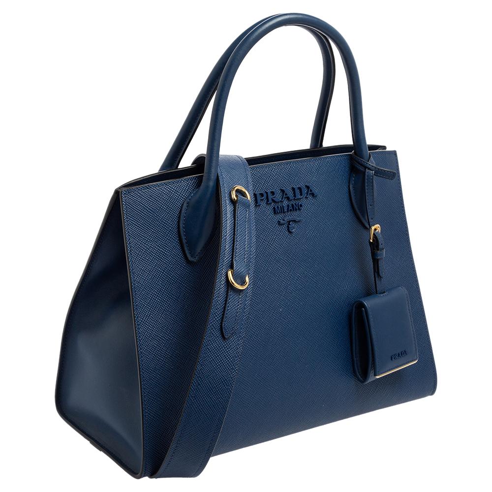 Prada Blue Saffiano Cuir Leather Monochrome Tote 5