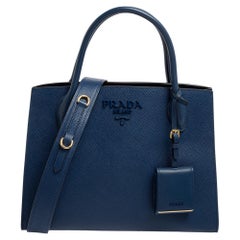 Prada Blue Saffiano Cuir Leather Monochrome Tote