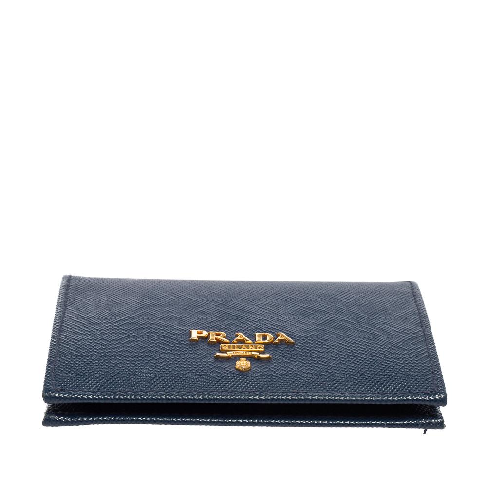 Black Prada Blue Saffiano Leather Bifold Card Case