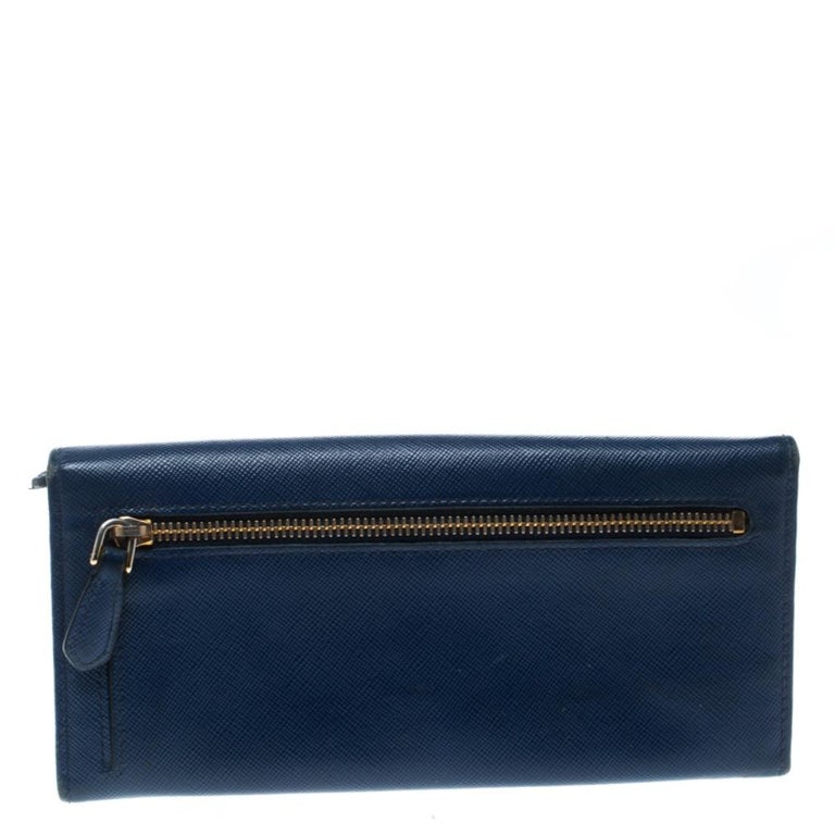 Prada Blue Saffiano Leather Continental Wallet For Sale at 1stdibs