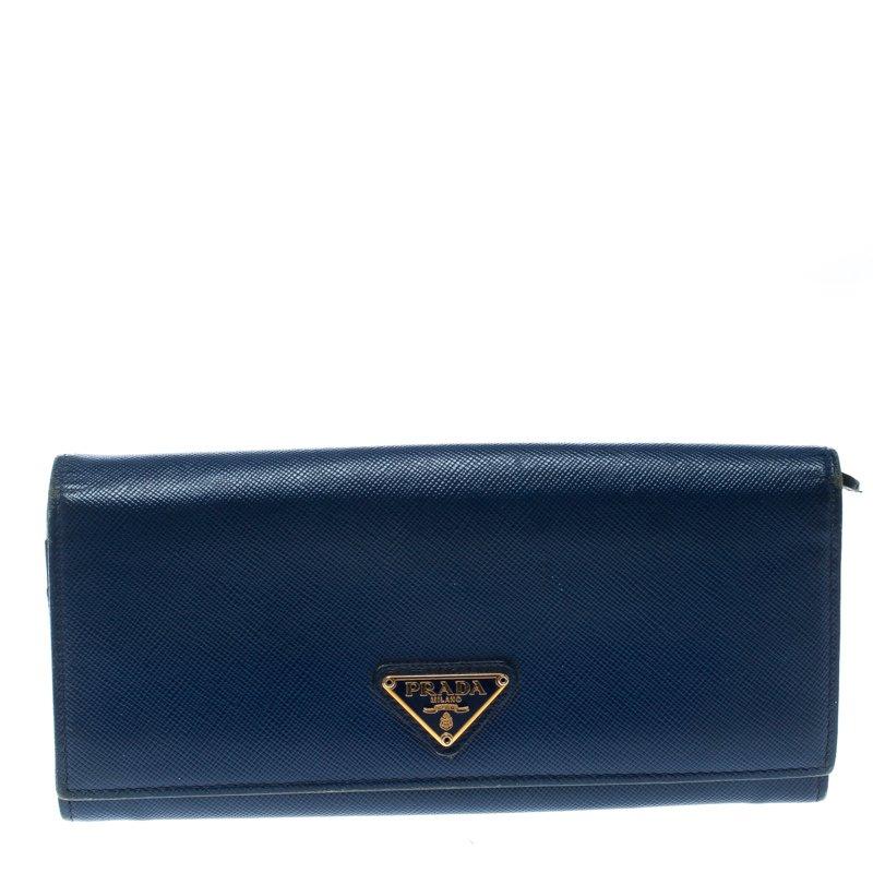 Prada Blue Saffiano Leather Continental Wallet For Sale at 1stDibs