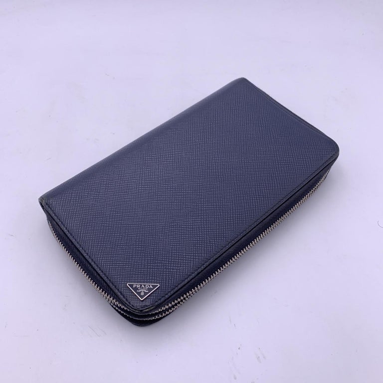 Prada Blue Saffiano Leather Double Zip Organizer Wallet Coin Purse For