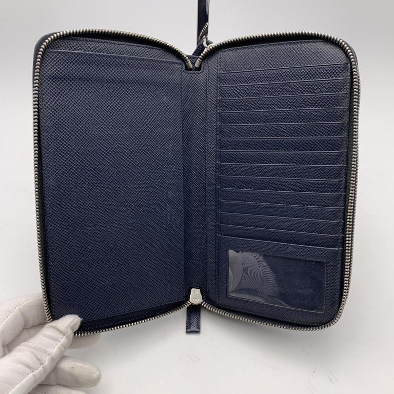 Prada Blue Saffiano Leather Double Zip Organizer Wallet Coin Purse For