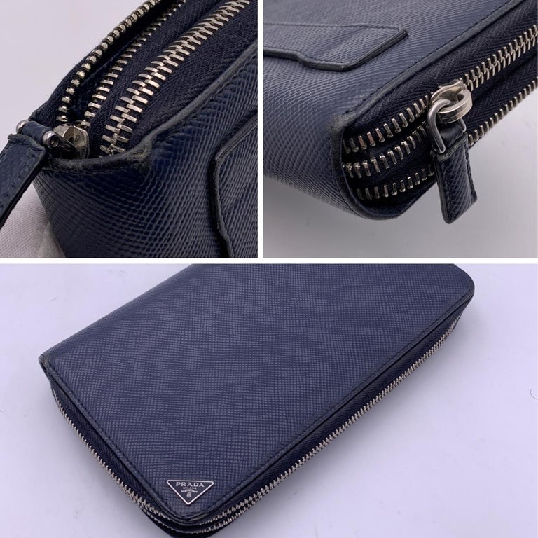 Prada Blue Saffiano Leather Double Zip Organizer Wallet Coin Purse For