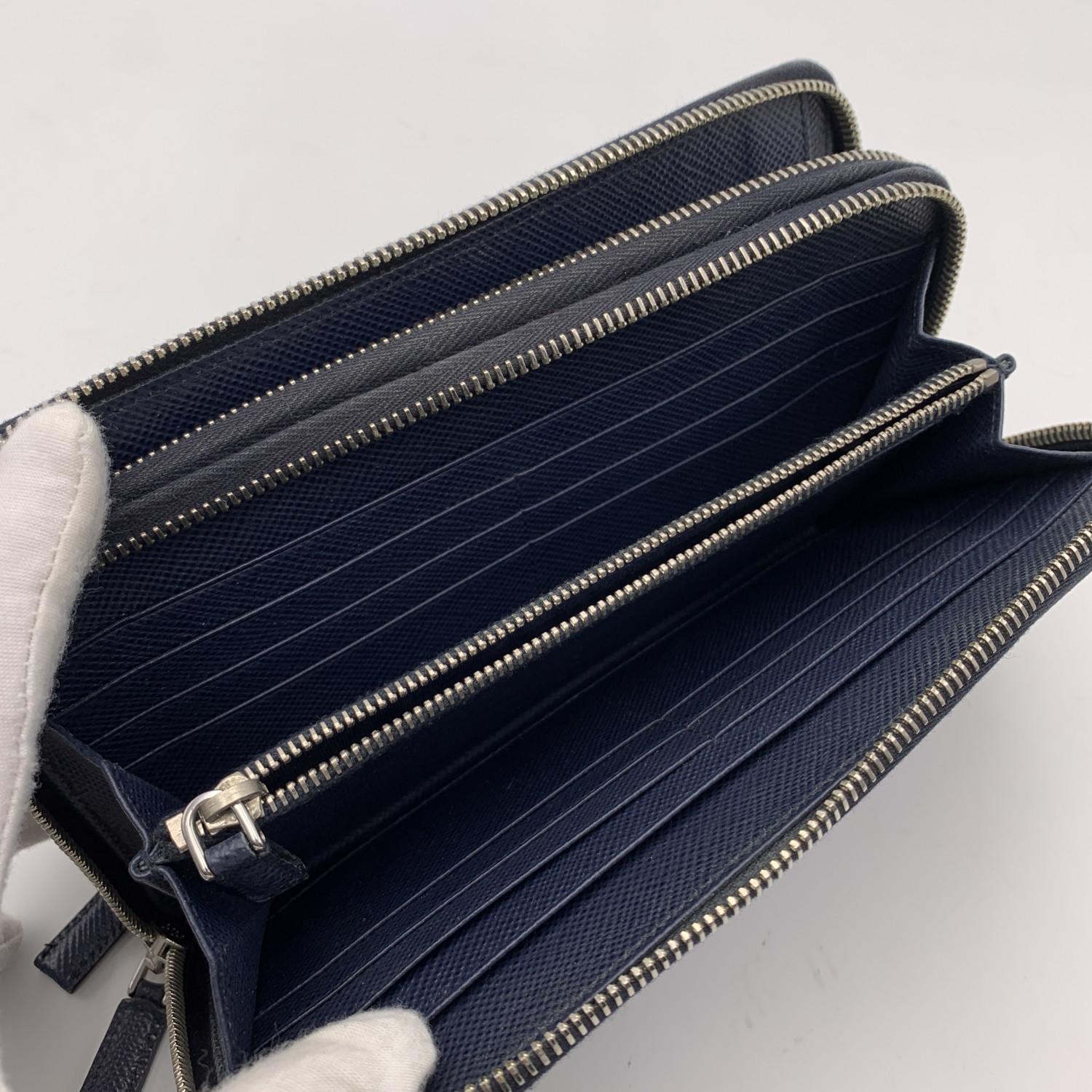 Black  Prada Blue Saffiano Leather Double Zip Organizer Wallet Coin Purse