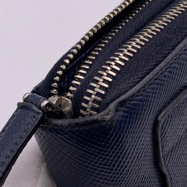 Prada Blue Saffiano Leather Double Zip Organizer Wallet Coin Purse For