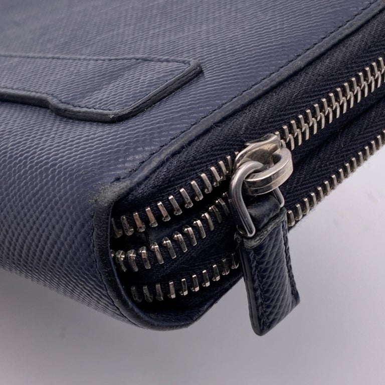 Prada Blue Saffiano Leather Double Zip Organizer Wallet Coin Purse For