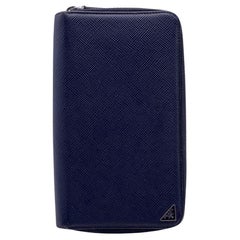 Prada Blau Saffiano Leder Double Zip Organizer Brieftasche Münze Geldbeutel