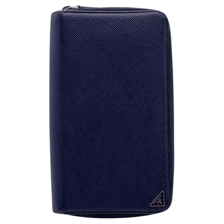 Prada Blue Saffiano Leather Double Zip Organizer Wallet Coin Purse For