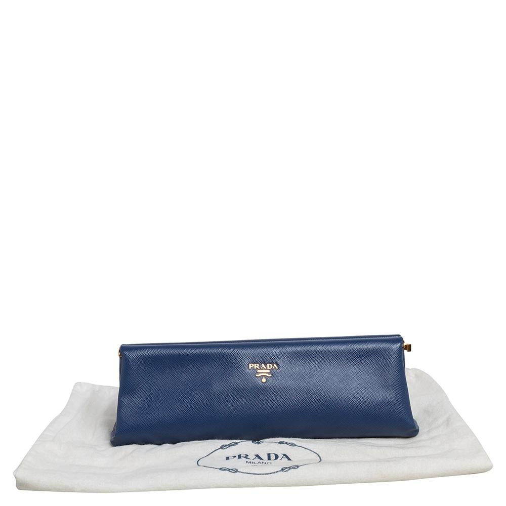 Prada Blue Saffiano Leather East-West Frame Clutch 4