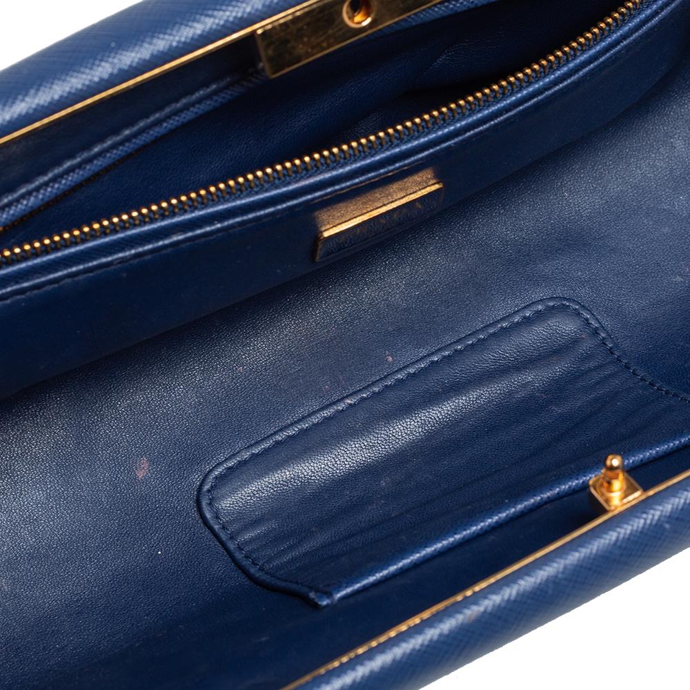Prada Blue Saffiano Leather East-West Frame Clutch In Good Condition In Dubai, Al Qouz 2
