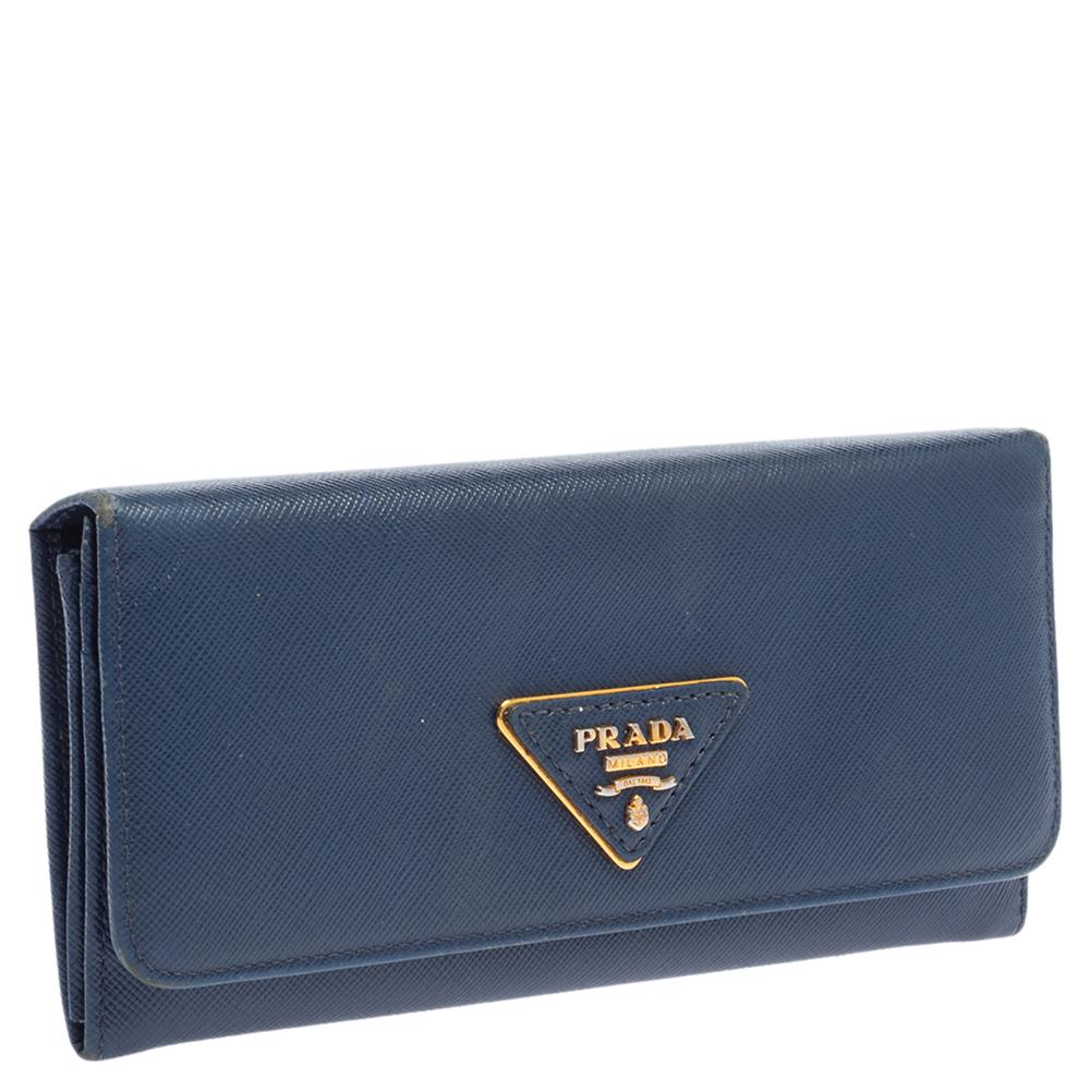 Prada Blue Saffiano Leather Flap Continental Wallet For Sale at 