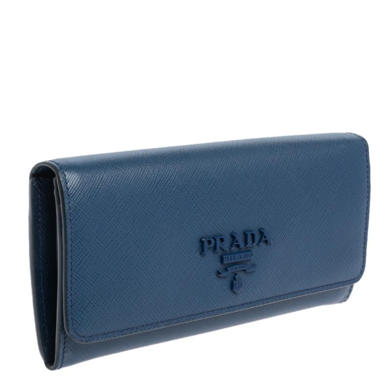 Women's Prada Blue Saffiano Leather Flap Continental Wallet