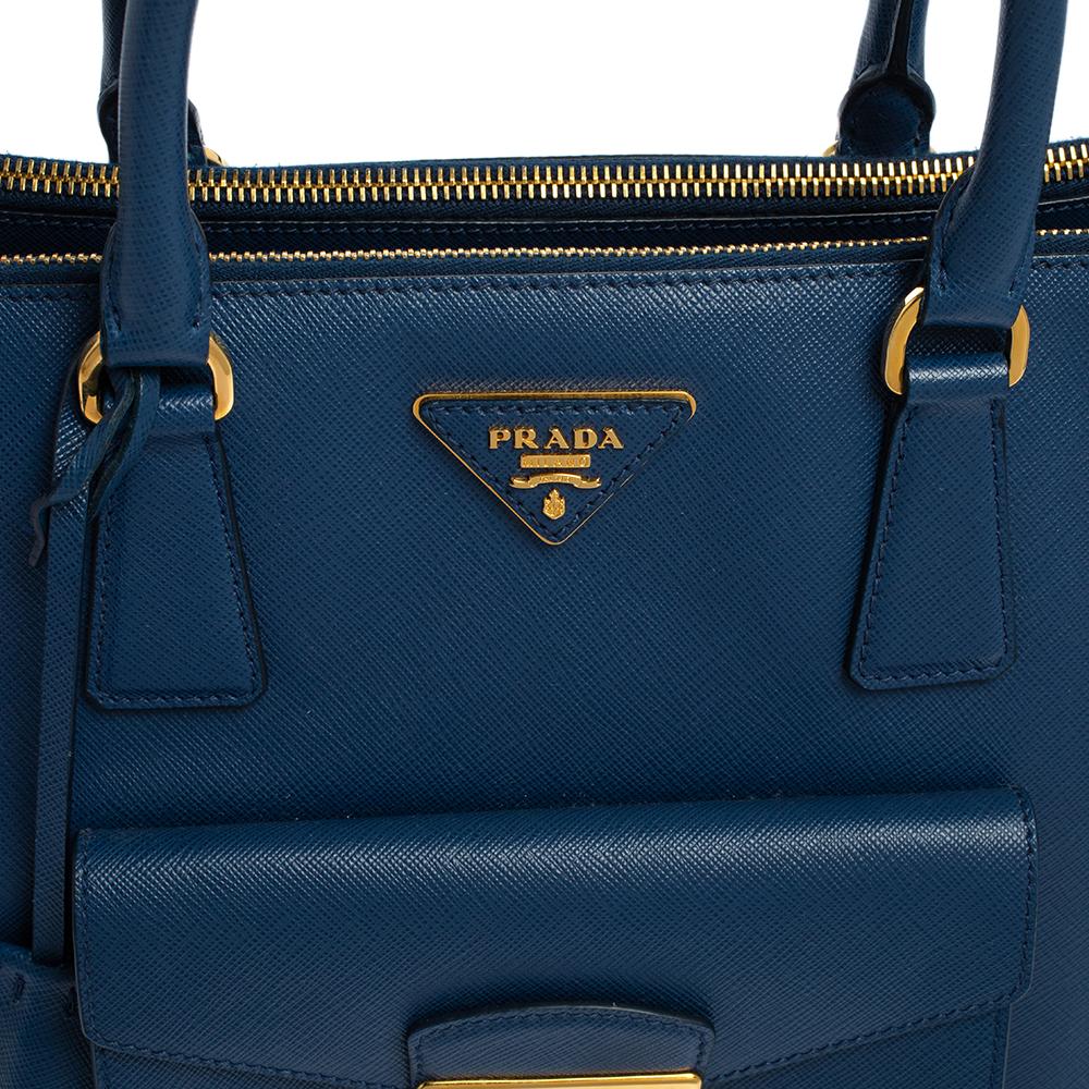 Prada Blue Saffiano Leather Front Pocket Double Zip Lux Tote 5