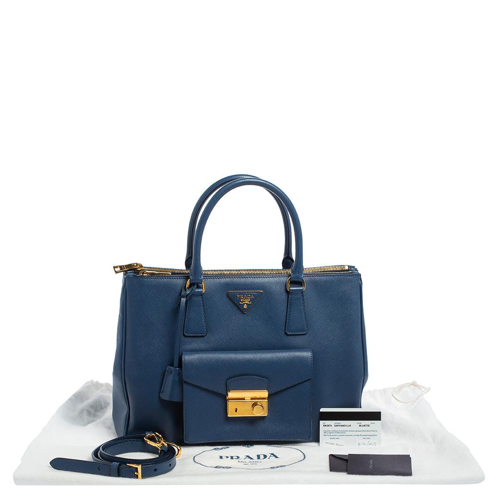 Prada Blue Saffiano Leather Front Pocket Double Zip Lux Tote 6