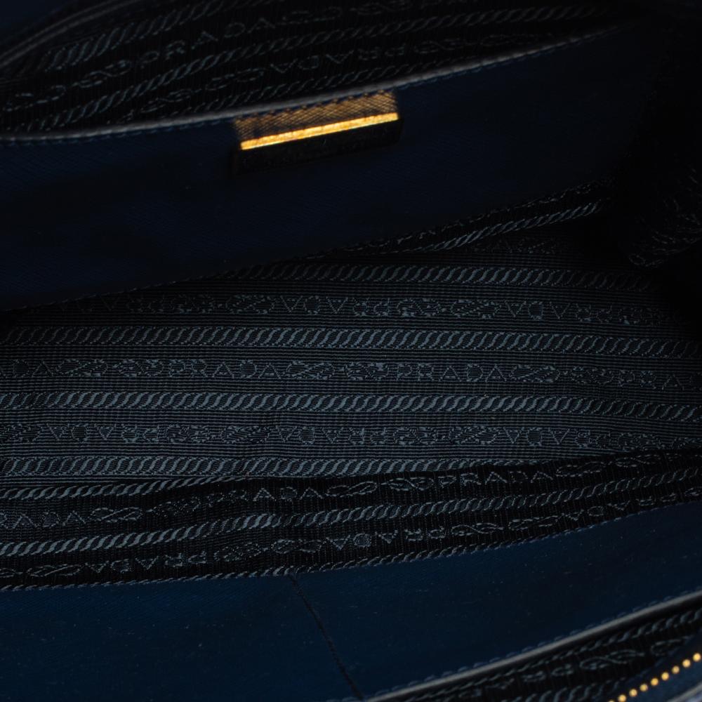 Women's Prada Blue Saffiano Leather Front Pocket Double Zip Lux Tote