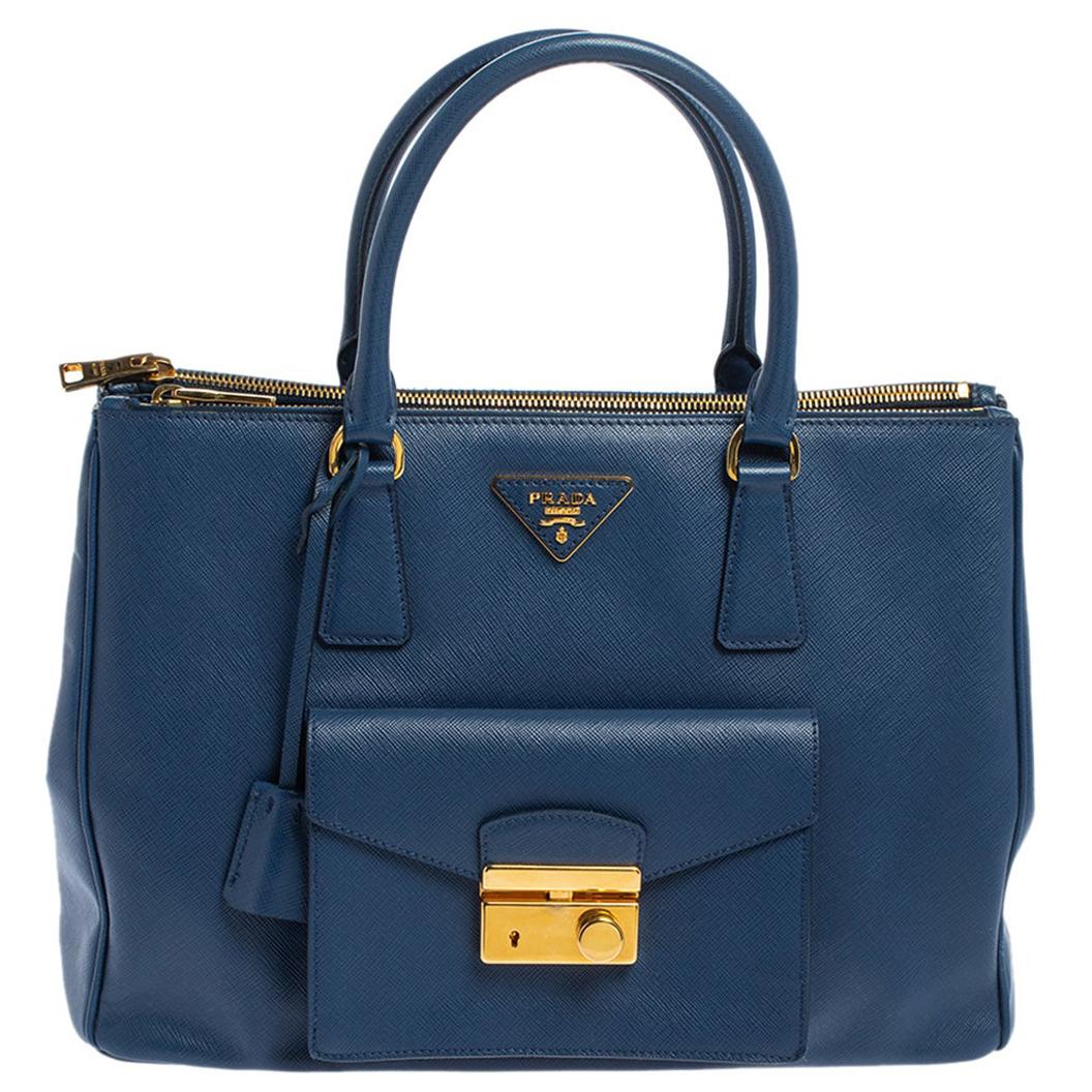 Prada Blue Saffiano Leather Front Pocket Double Zip Lux Tote
