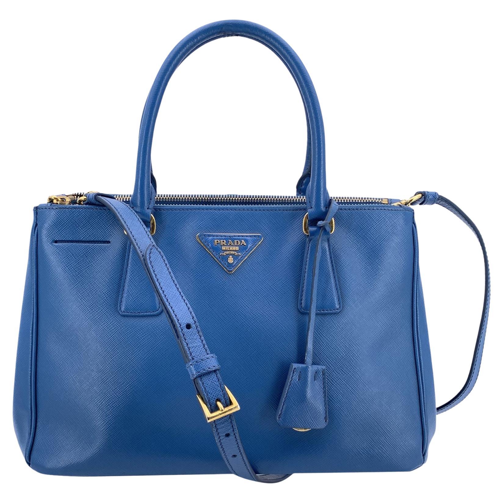 Prada Blue Saffiano Leather Galleria 2 Way Tote Satchel Bag For Sale