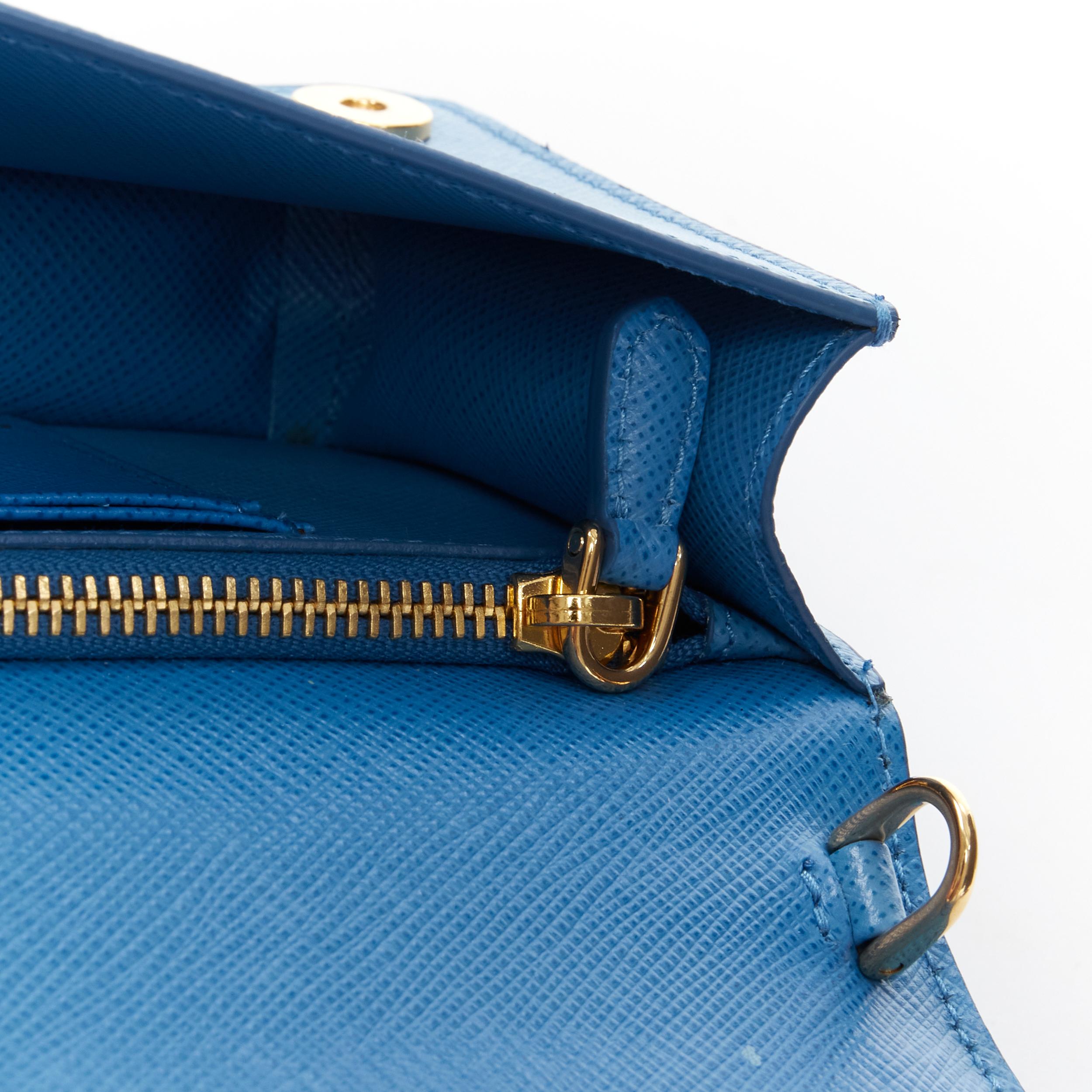 PRADA blue saffiano leather gold logo chain crossbody long wallet clutch bag WOC 2